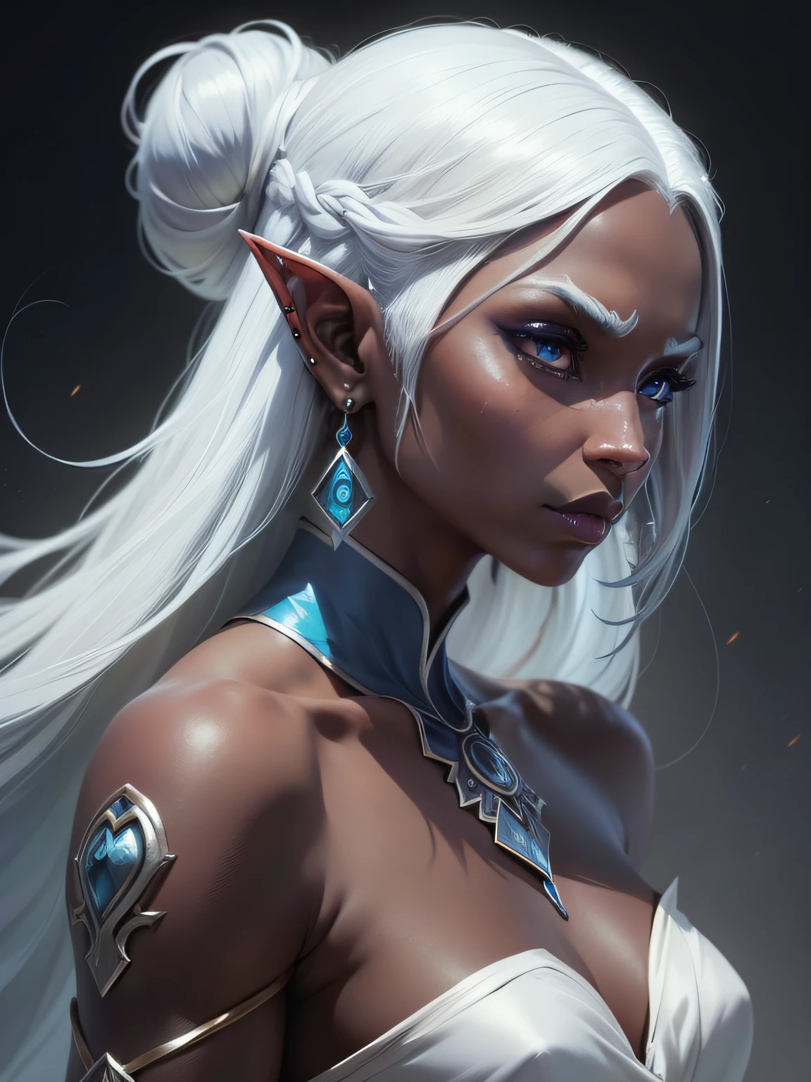 drow, female, pointy ears, solo, elf, long hair, colored skin, white hair, blue skin, jewelry, earrings, hair bun, single hair bun, bare shoulders, profile, upper body, from side, signature, piercing, artist name, ear piercing, nose, lips , ((masterpiece, best quality)), art by greg rutkowski