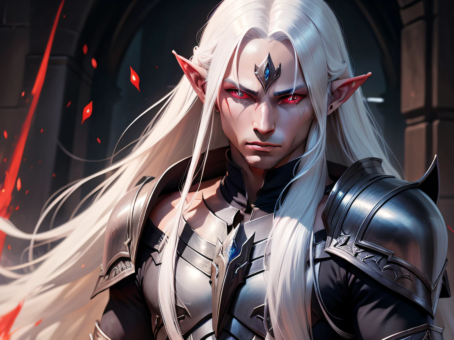 drow, male, enfoque masculino, orejas puntiagudas, ojos rojos, armadura, duende, pelo blanco, shoulder armadura, Parte superior del cuerpo, boca cerrada, pelo largo, hombreras, piel coloreada, mirando al espectador