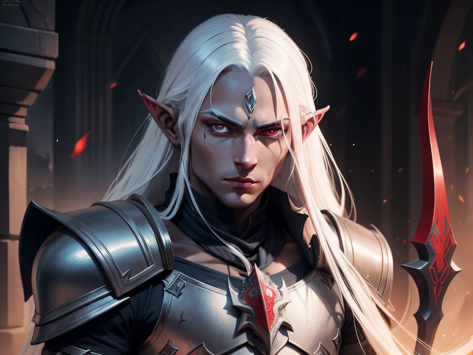 drow, male, male focus, pointy ears, red eyes, armor, elf, white hair, shoulder armor, upper body, closed mouth, long hair, pauldrons, colored skin, looking at viewer