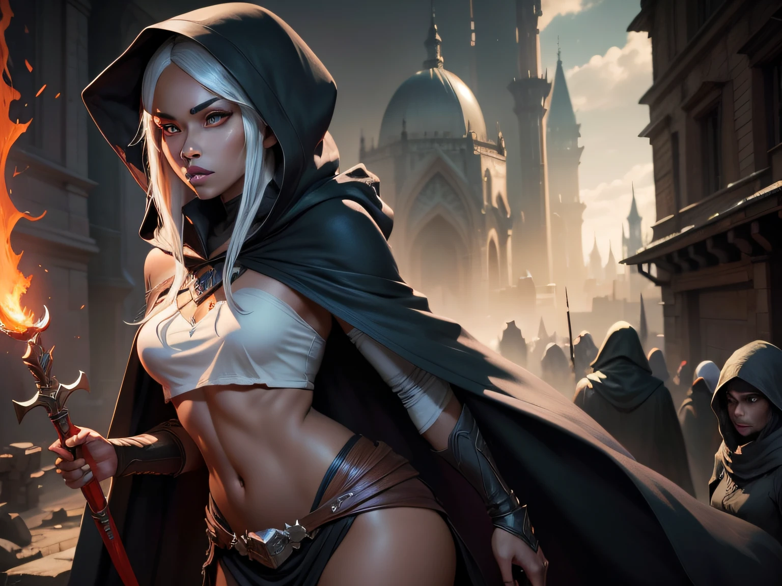 drow, female, pointy ears, solo, elf, navel, hood, colored skin, midriff, looking at viewer, long hair, cloak, dark elf, breasts, white hair, hood up, cape, medium breasts, hooded cloak, belt, pouch, red eyes, grey skin, orange eyes, upper body, weapon, glowing eyes, lips, ((masterpiece, best quality)), art by greg rutkowski, trending on artstation