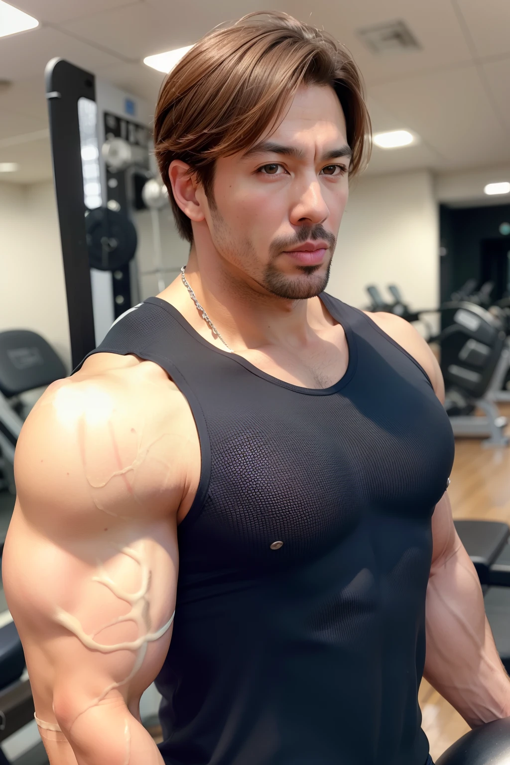 A man with a large muscular body standing in a gym - SeaArt AI