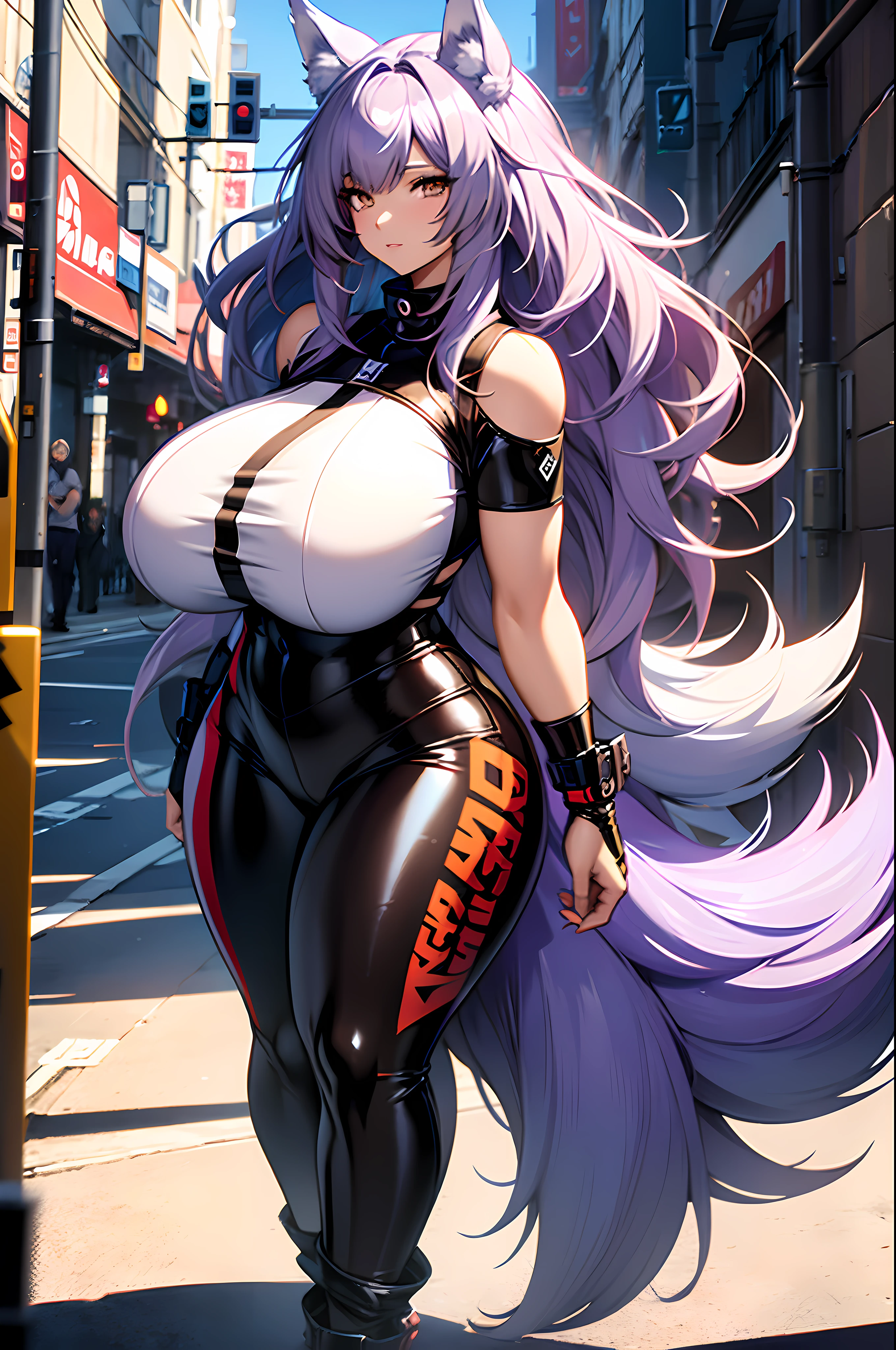 one woman, wolf girl, wolf ears, wolf tail, violet hair, strong, firm body, thick thighs, big breasts, muscular arms, casual clothes, sfw, sexy, full body, masterpiece, highly detailed, shiny clothes, latex, tall women,
