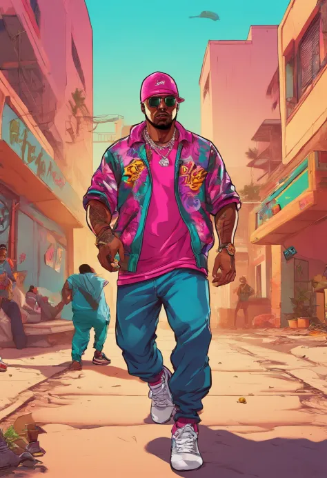 Masterpiece, Best Quality, suntanned skin, looking a viewer, sports clothing, leggins, Walk through the GHETTO , in sneakers, Simple background with logo, From Bottom, bandana on the face , Gangster clothing