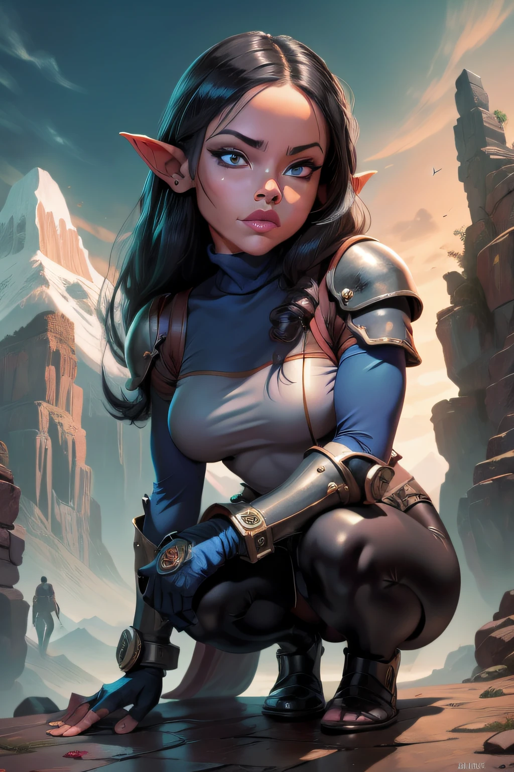 painting, (by Larry Elmore:0.8), perfect eyes, 1 girl, githyanki, pointy ears, iron armor, squatting, dnd , mountain in background,