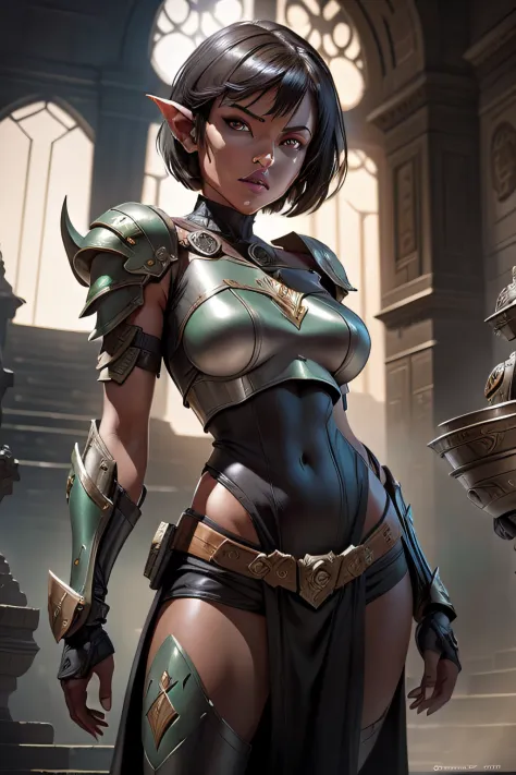 githyanki, female, solo, short hair, brown hair, pointy ears, armor, shoulder armor, portrait, pauldrons, green skin, ((masterpi...