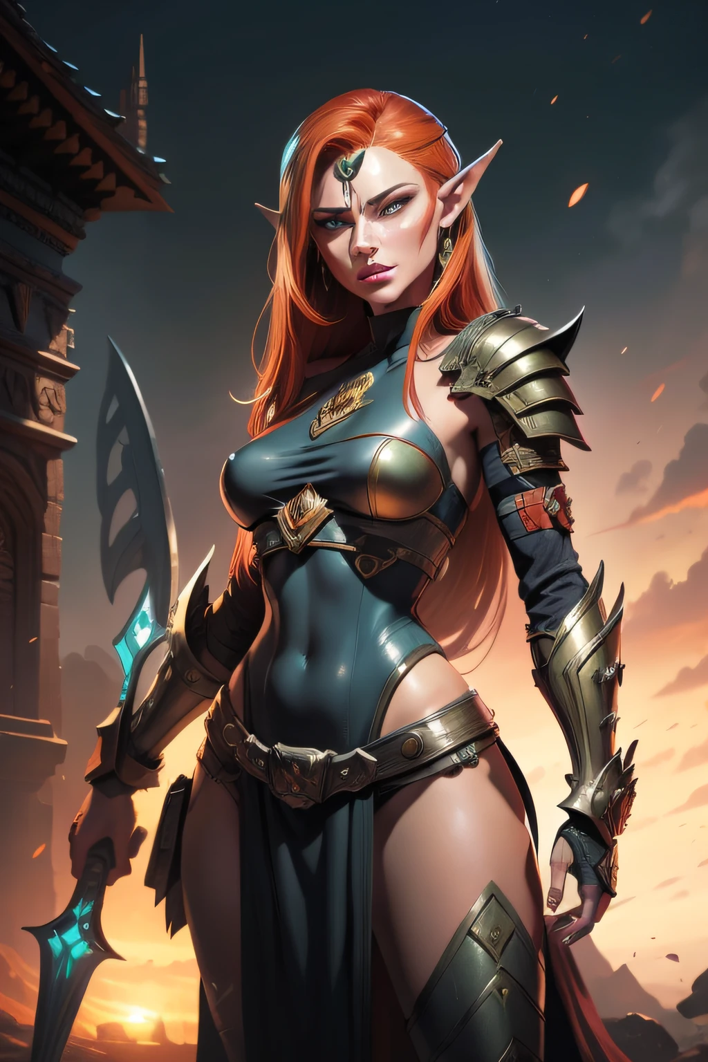 githyanki, female, solo, (long flowing ginger hair), pointy ears, armor, shoulder armor, portrait, pauldrons, green skin, (3/4 view), small breasts, beautiful face, eye shadow, red lipstick, ((masterpiece, best quality)), art by greg rutkowski, artwork trending on artstation perfect body, photorealistic:1.3, (comic style:1.35), mature adult:1.35, fantasy art