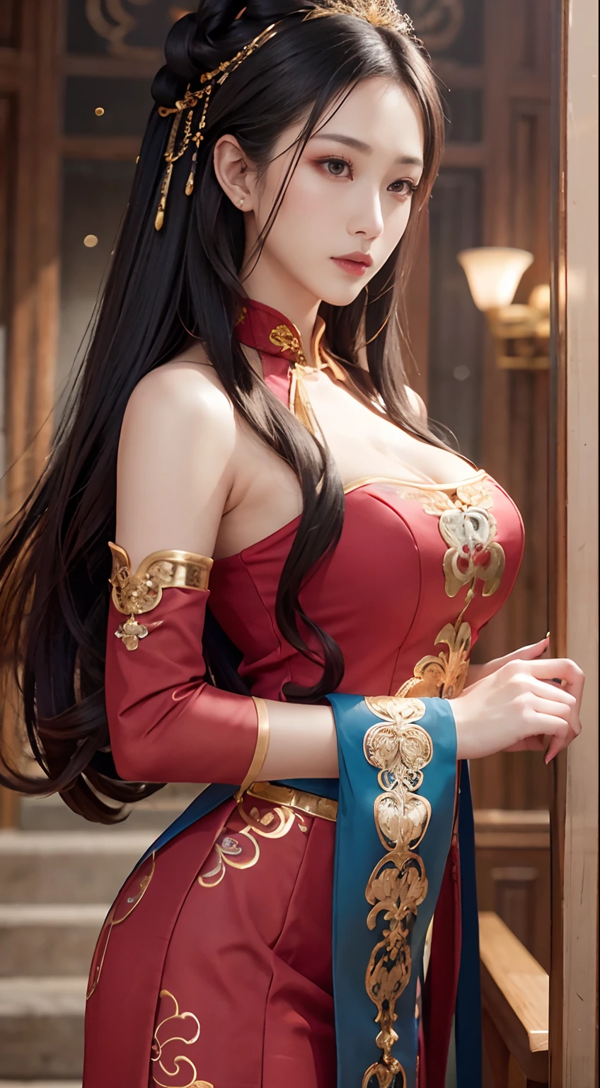 （From the outside） （shiny skins）， many colors，delicated face，body curve，rich skin details，best qualtiy，tmasterpiece，photos realistic，intricate-detail，RAW photogr，court，Gorgeous cheongsam，extra long hair，cropped shoulders，delicated face，Expose cleavage，hair pin，translucent，etheric