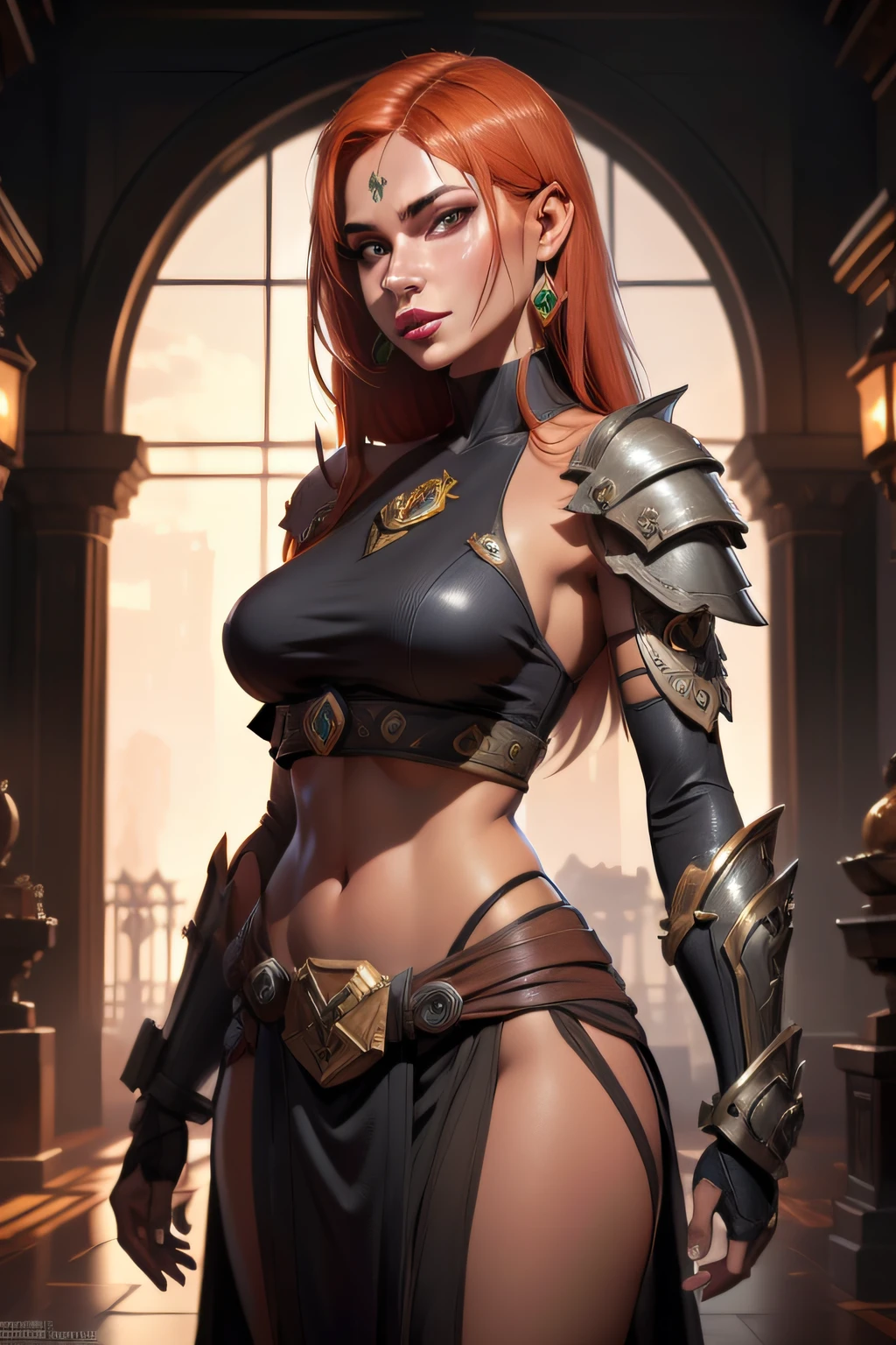 Githyanki, female, standing alone, (long, flowing ginger hair), pointy ears, armour, armour de ombro, portraite, pauldrons, greenskin, (3/4 view), breasts small, beautiful face, ombre, Red lipstick, ((master part, best qualityer)), art by greg rutkowski, Art trend in the perfect body of ArtStation, photorrealistic:1.3, (comiс style:1.35), mature adult:1.35, Fantasyart