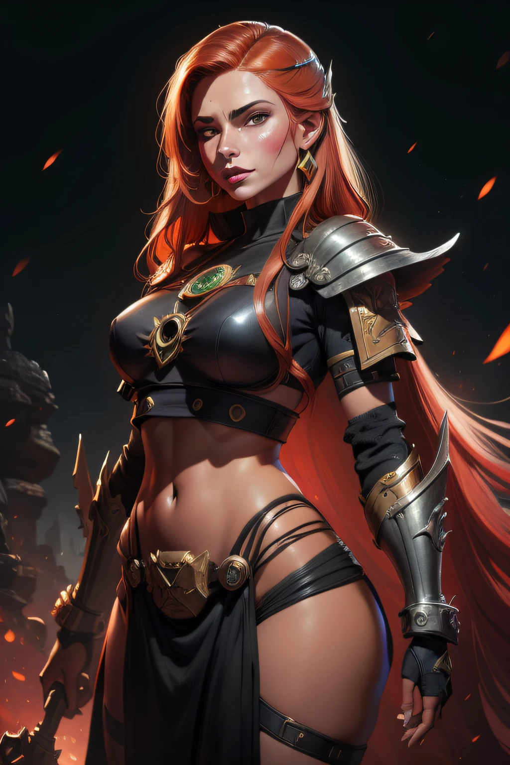 Githyanki, female, standing alone, (long, flowing ginger hair), pointy ears, armour, armour de ombro, portraite, pauldrons, greenskin, (3/4 view), breasts small, beautiful face, ombre, Red lipstick, ((master part, best qualityer)), art by greg rutkowski, Art trend in the perfect body of ArtStation, photorrealistic:1.3, (comiс style:1.35), mature adult:1.35, Fantasyart