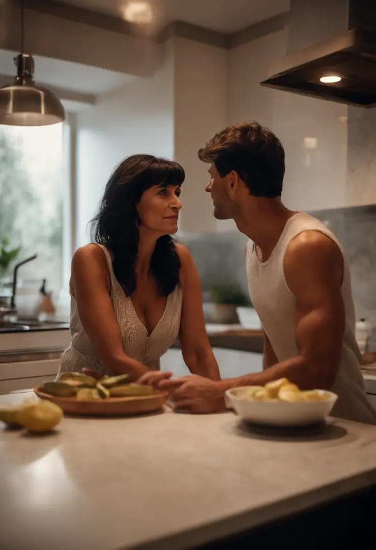 A man and woman standing in a kitchen together - SeaArt AI