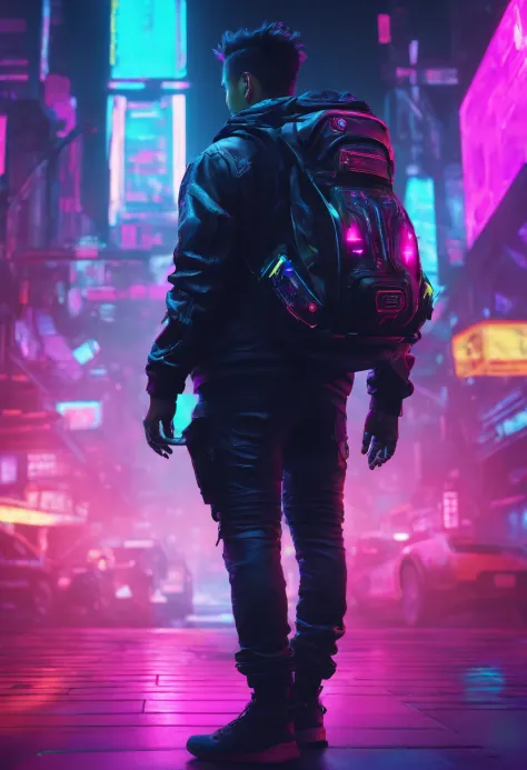 8K，Fine picture quality，Future street background，A cyberpunk boy，Carry this futuristic technology backpack，The backpack has lights，Future illuminated camera in hand，Back shadow