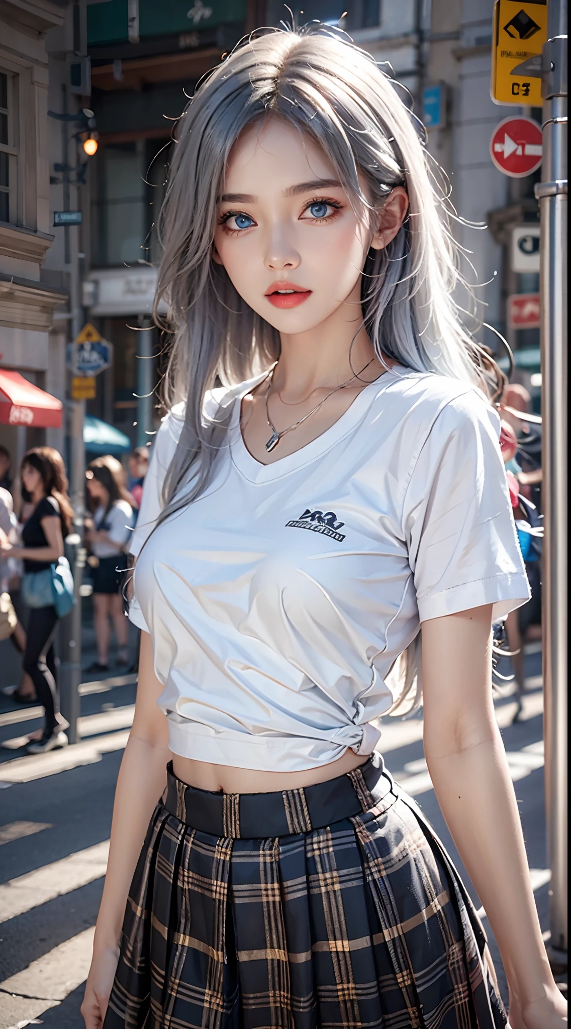 photorealistic, high resolution, masterpiece, blue eyes, silver hair, photorealistic, high resolution, soft light,1women, solo, shirt, street wear, skirt