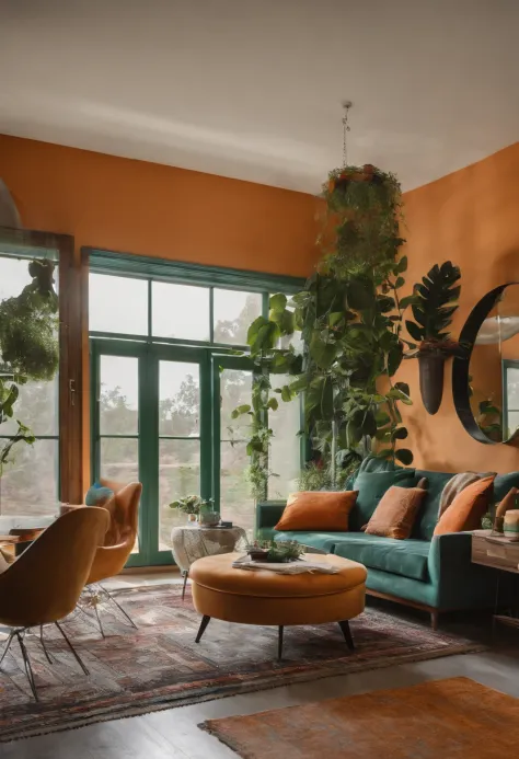a green couch and rug near a black lamp and book, in the style of multilayered, steel/iron frame construction, sun-soaked colours, neon, sustainable design, quirky pottery, spot metering --ar 2:3