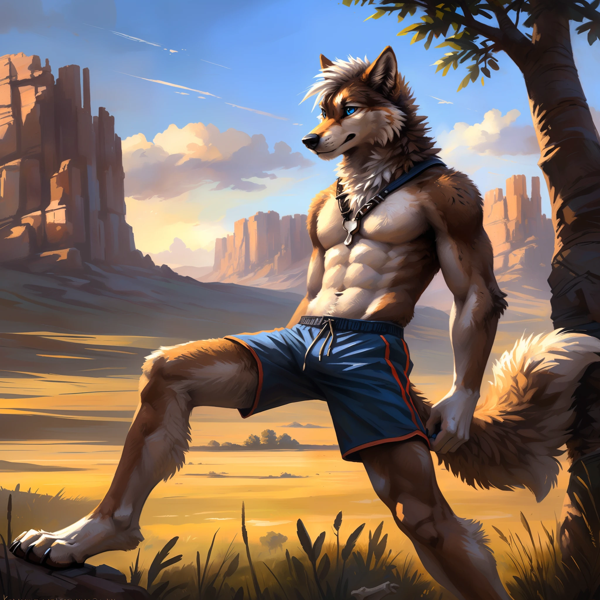 ((Solo)), male people, anthro wolf, (Multi-colored fur, White-brown:1.3), ((Wolf face, White hair, Big eyes, White eyelids, Blue pupil, Slim:1.2) (Tough, Calm expression:1.2)), Abs, Slim, pinging)), (Correct anatomy), (Work shorts:1.1), (Contour bone:1.2), The upper body is naked, (detailed outfits),A big tail，Feet，(Realistic fur, Detailed fur texture, labeled:1.3)), (Natural lighting), Photorealistic, Hyperrealistic, ultradetailed, by Kenket，Endless grasslands，No buildings，erect through