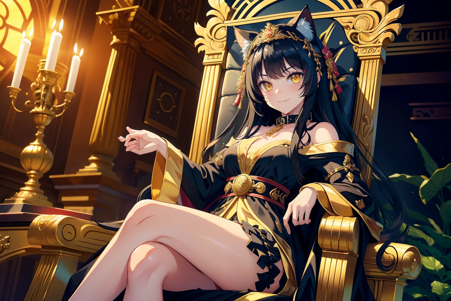 (best quality, 4k, 8k, high-res, masterpiece, ultra-detailed, anime style, baroque style), (1girl, cat ears, long black hair, dark yellow eyes, catgirl, playful smile, smug, looking at viewer, turned to viewer), (collar, black clothes), (sun temple), sun temple interior behind, saint ambience around, classical interior, sitting strait on the gold throne, Laurel wreath, empress, imperium