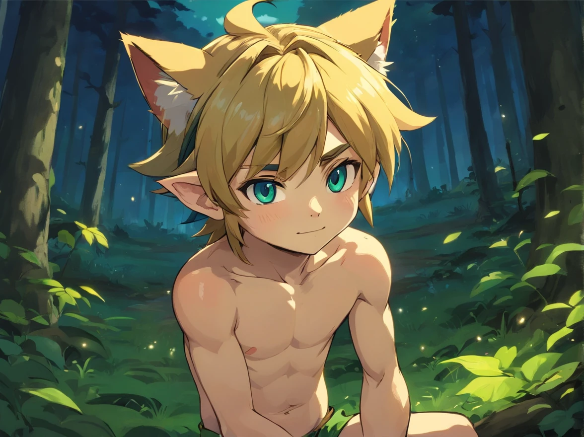 Une image de dessin animé d'un homme nu avec des oreilles de chat assis  dans les bois - SeaArt AI