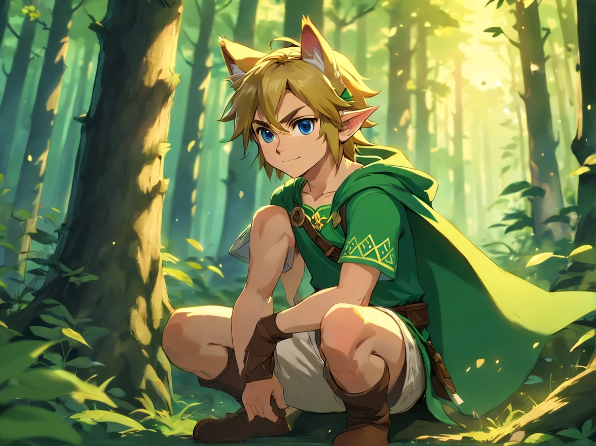 A cartoon image of a young boy in a green cape sitting in the woods -  SeaArt AI