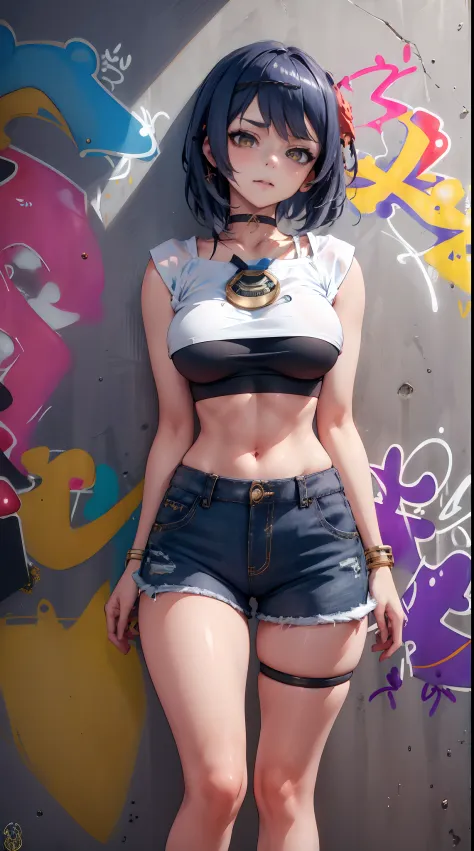 Kujou Sara Genshin Effect, masterpiece, bestquality, 1girls, mediuml breasts, bara, crop top, shorts jeans, choker, (Graffiti:1.5), color splashes, arm behind back, against wall, looking at the audience, bracelet, Thigh strap, Paint on the body...............