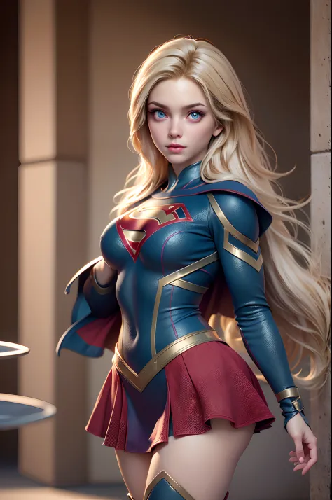 (8K, Best Quality, Photorealistic, masutepiece:1.2), super girl, Blue eyes, Blonde hair, Long hair, Cape, Superhero, Skirt, long...