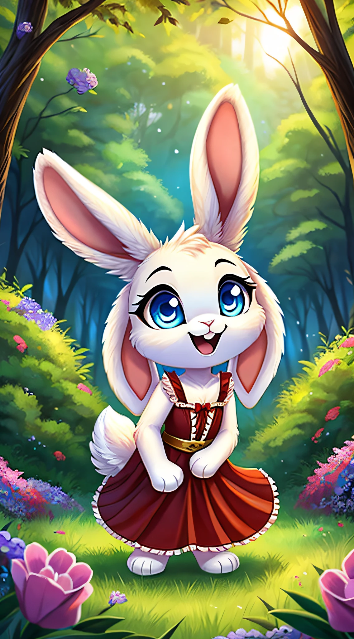 zoomed out image, fantasy style art, cute, adorable, short character, small, tiny little fluffy female white bunny with blue eyes, 4 ears, 2 extra ears, big floppy ears, long ears, ears perked up, raised ears, long eyelashes, poofy rabbit tail, wearing a red frilly ribbon dress, smiling, standing in a forest, big expressive smile, open mouth, wide eyes, excited eyes, excited face, stunning visuals, flowers scattered in the bushes, digital illustration