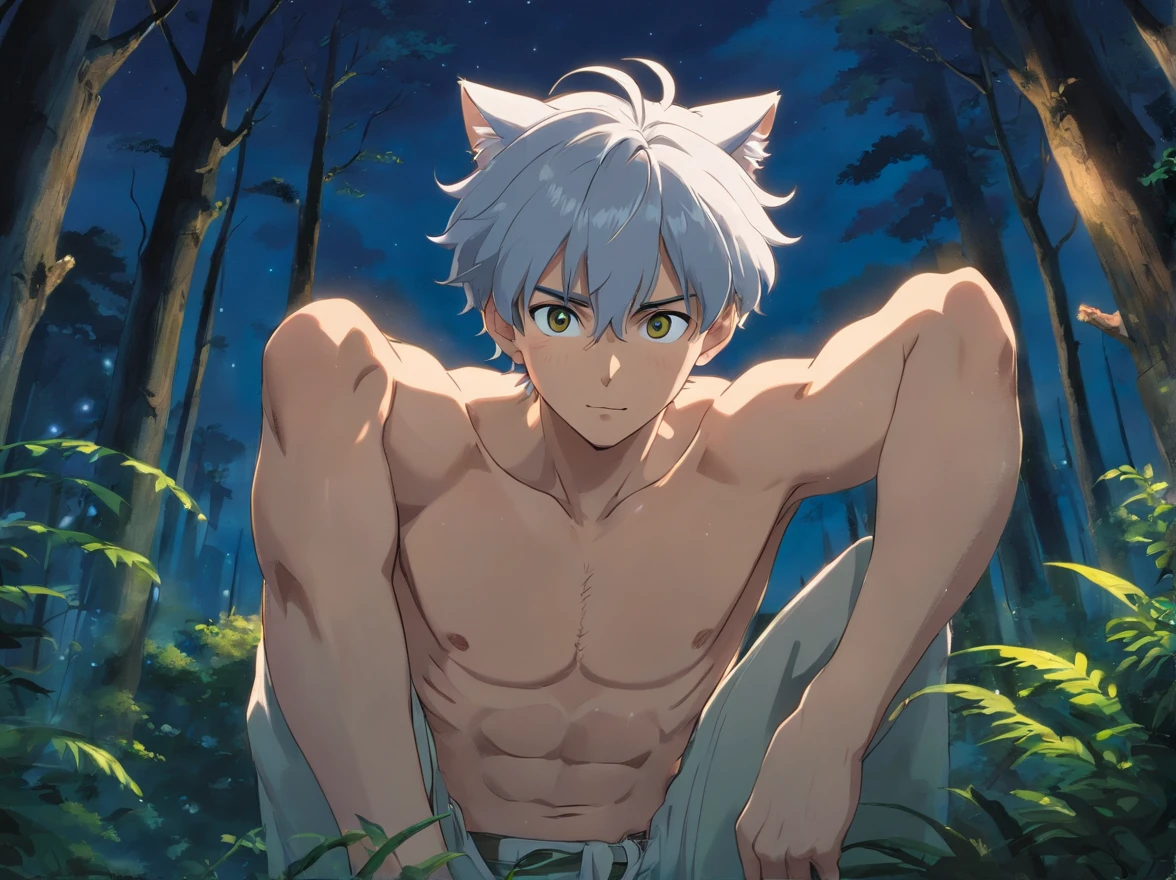 Anime guy with white hair and blue eyes sitting in the woods - SeaArt AI