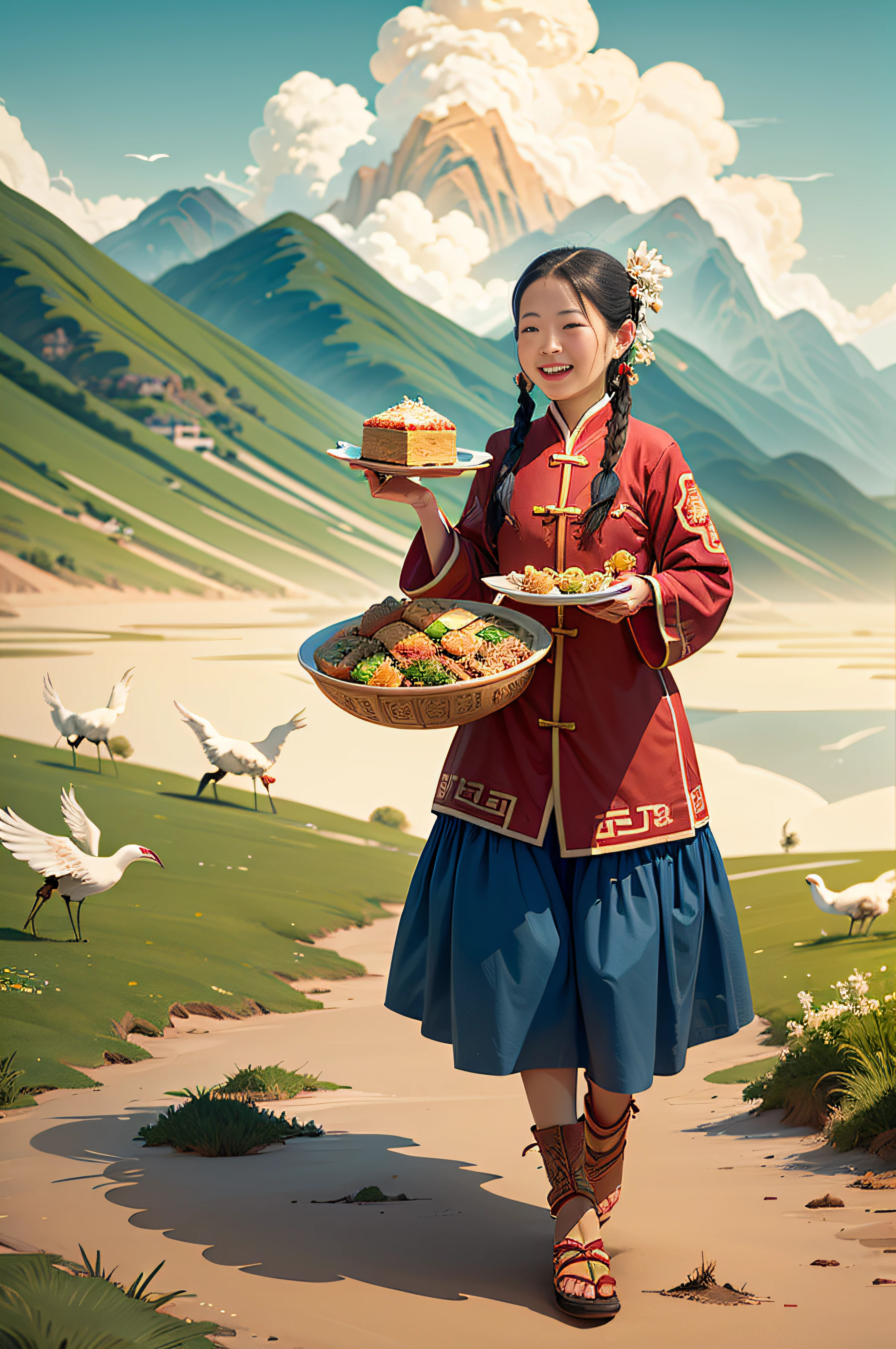 เด็กสาวมองโกเลียถือจานอาหารอันโอชะอย่างมีความสุข，สนามหญ้า，ฝูง，ด้วยท้องฟ้าสีครามและเมฆสีขาว，สไตล์กัวเฉ่า