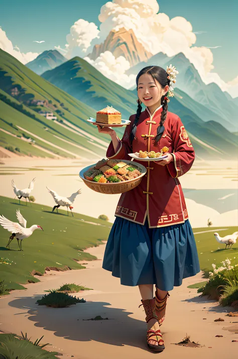 A Mongolian girl happily carries a plate of delicacies，grass field，flock，with blue sky and white clouds，Guochao style