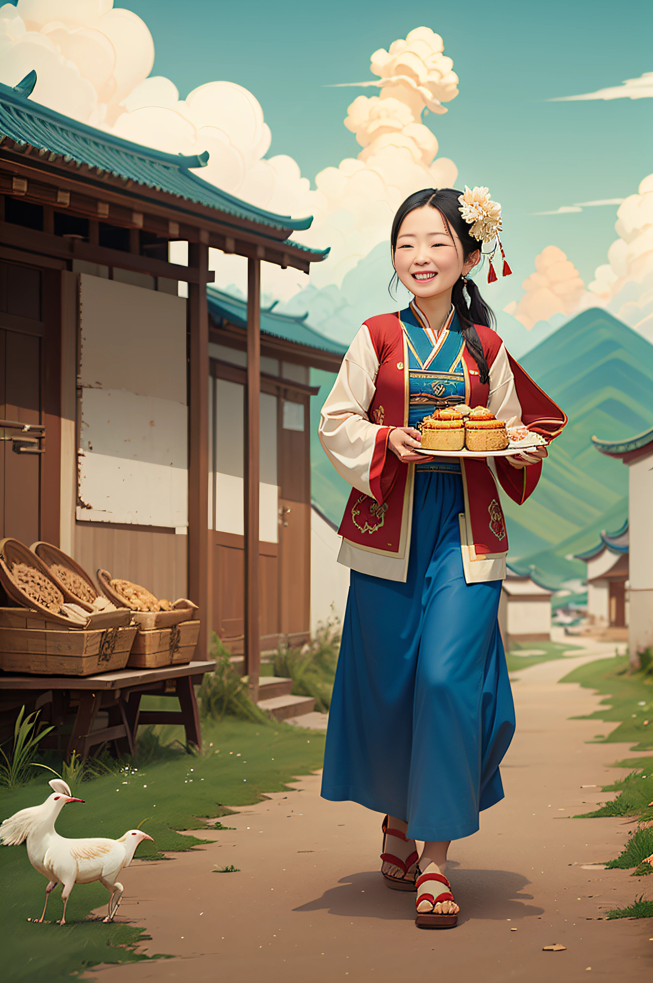 Uma garota mongol carrega alegremente um prato de iguarias，Campo de grama，rebanho，com céu azul e nuvens brancas，Estilo Guochao
