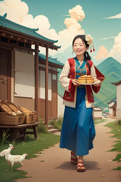 A Mongolian girl happily carries a plate of delicacies，grass field，flock，with blue sky and white clouds，Guochao style