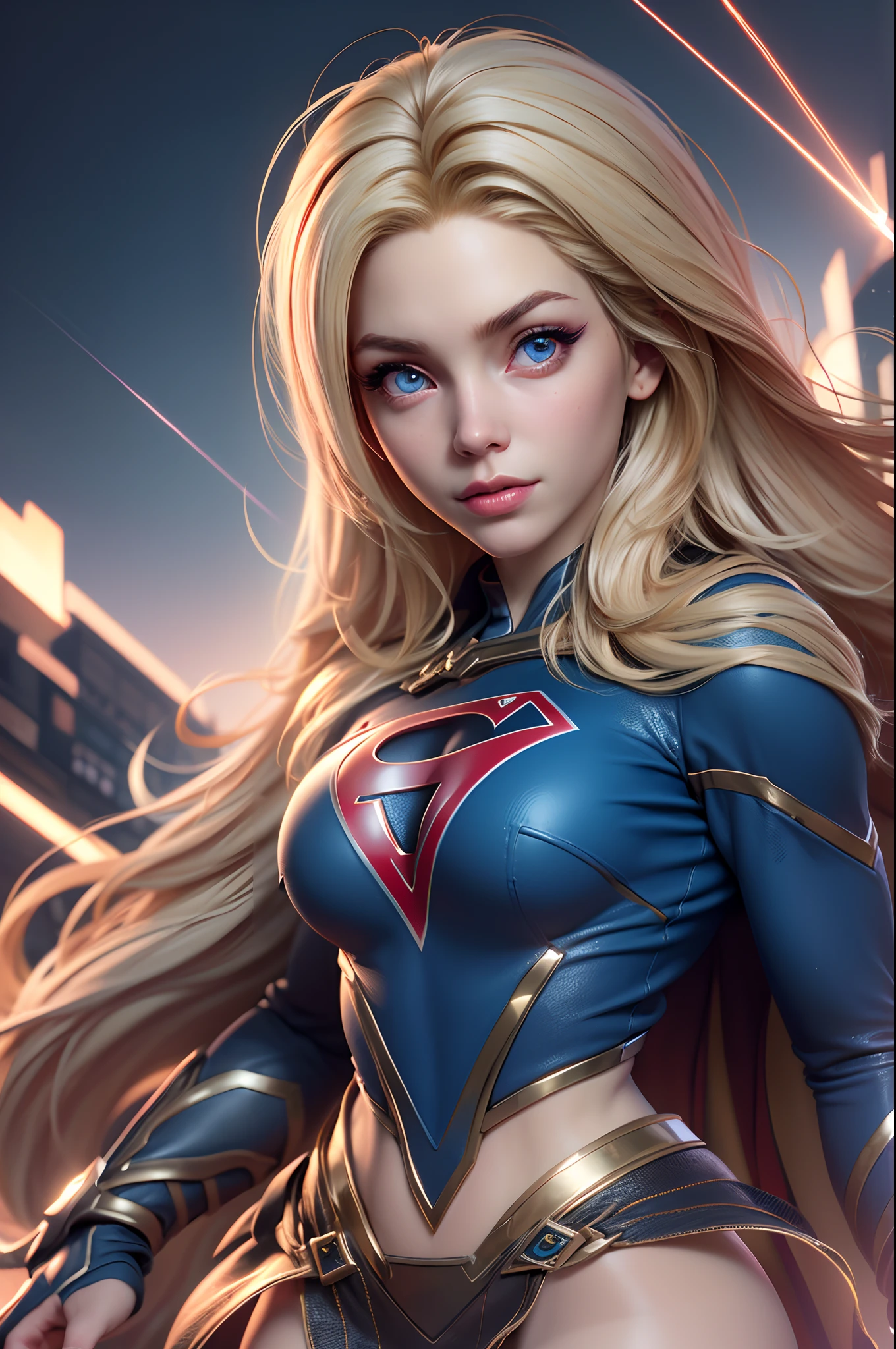 (8K, Best Quality, Photorealistic, masutepiece:1.2), super girl, Blue eyes, Blonde hair, Long hair, Cape, Superhero, Skirt, long boots, (Blonde girl:1.5), (Breast Focus:1.2), (Realistic:1.2), (Far View: 1.2), (Realism), (masutepiece:1.2), (Best Quality), (ultra-detailliert), (8K, 4K, Convoluted), (full body Esbian:1.5), (85 mm), light Particle, Lighting, (Highly detailed:1.2), (Detailed face:1.2), (gradients), SFW, Colorful, (Detailed eyes:1.2), (Detailed background), (Dynamic Angle:1.2), (Dynamic Pose:1.2), (rule of third_Composition:1.3), (Line of action:1.2), Wide Shot, Daylight, Solo.