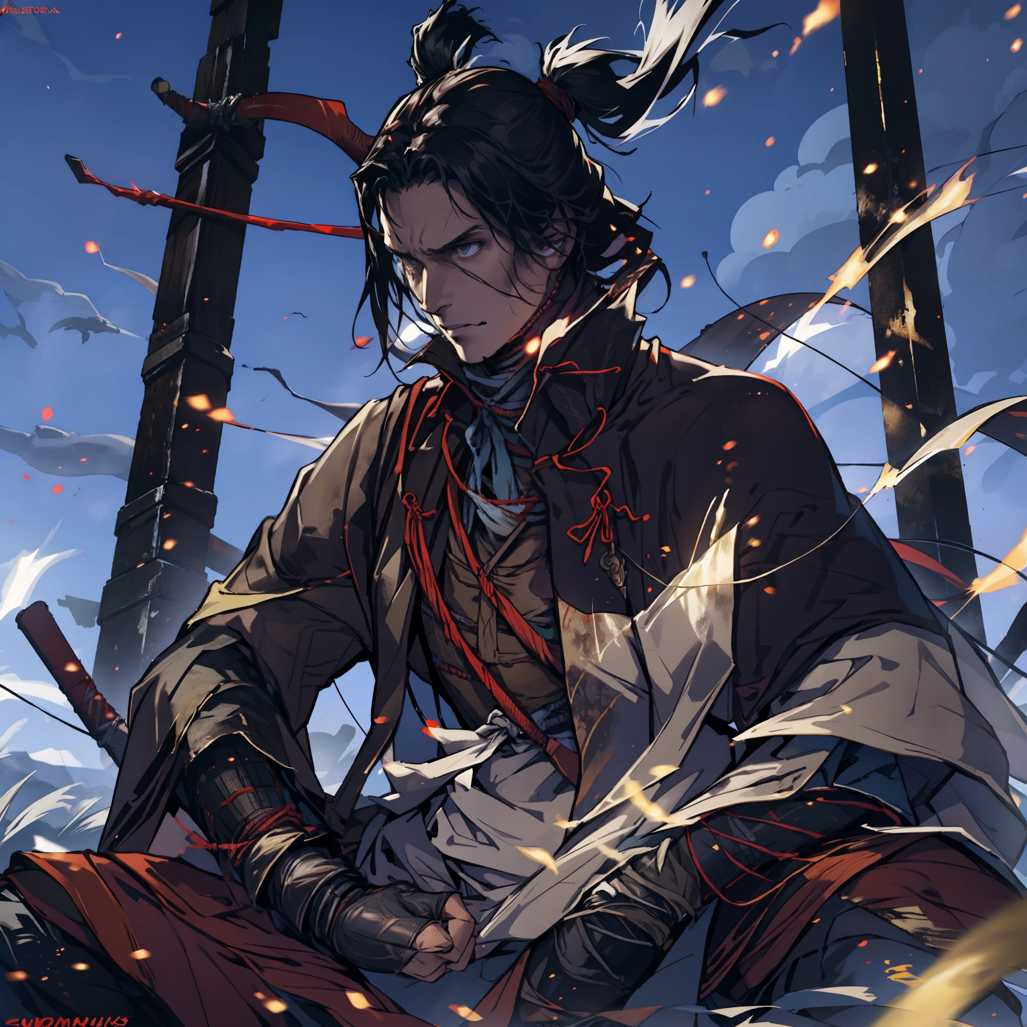 1man, only, Elden Ring, meditating with a torch, sitting by the fire, transmitted by blood, Dark souls, (((SEKIRO shadows die twice))),