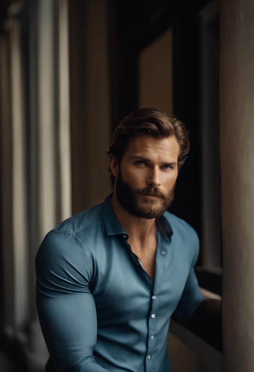 (Man in elegant clothes), ), (with a long and full beard,) (blue eyes) (portrait) Attractive and serious appearance, Brown Dark Hair, Elegant and elegant, and strong body t-shirt, Man similar to actor Jamie Dornan, (Realistic and high quality image), in the background Scandinavian apartment with designer furniture and blue wall color in the background, ((The best quality, 8k, Masterpiece).