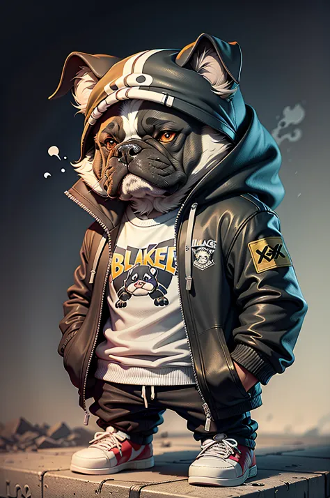 C4tt4stic, Cartoon black color face bulldog in jacket and skateboard