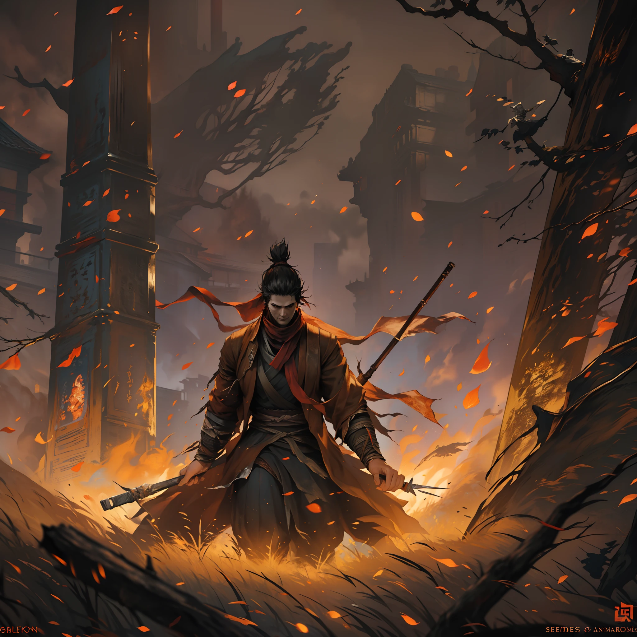 1hombre, solamente, Anillo Elden, meditando junto antorcha, sentado junto al fuego, transmitido por la sangre, Almas oscuras, (((Las sombras de SEKIRO mueren dos veces))),