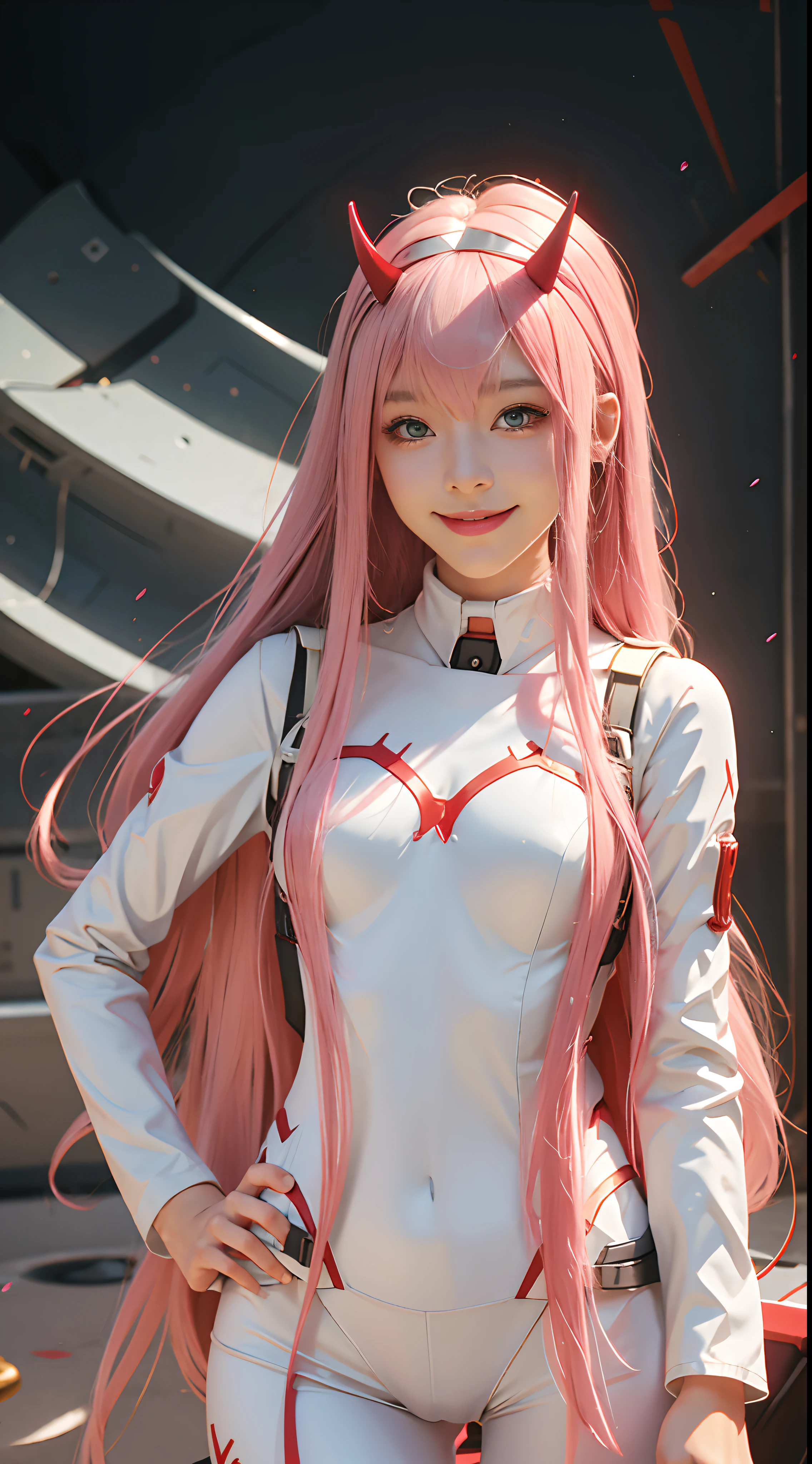 Zerotwo \(darling on franxx\), darling on franxx, 1girll, rim, self-shot, Smiling, Biting, black shadows, Green eyes, hair behind head, Horns, Long hair, Makeup, Small breasts, pilotsuit, White bodysuit, Pink hair, Red eyeshadow, Science fiction, taut skin, Solo