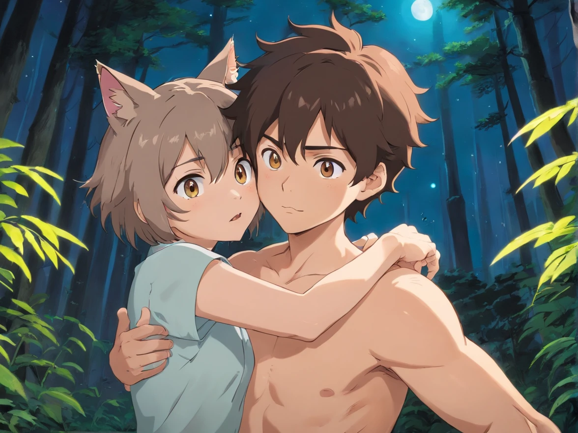 Anime couple hugging in the woods at night - SeaArt AI