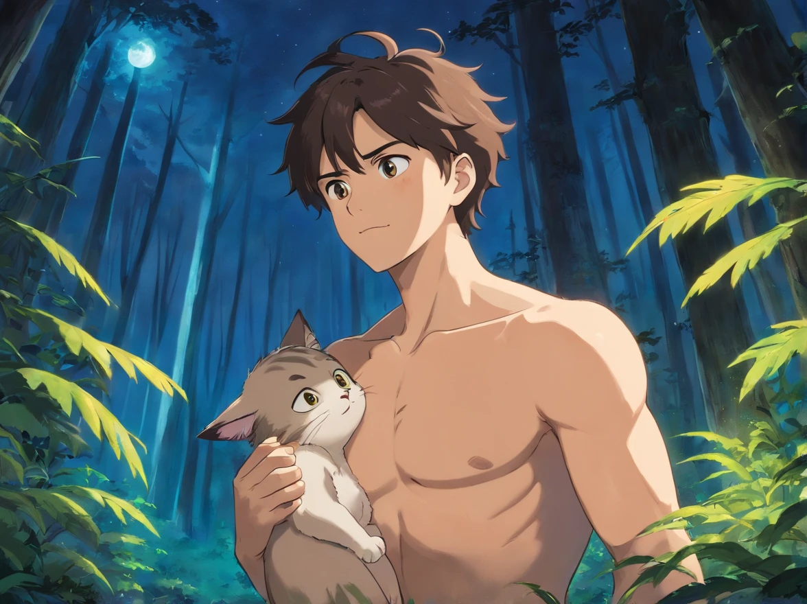 A close up of a person holding a cat in a forest - SeaArt AI