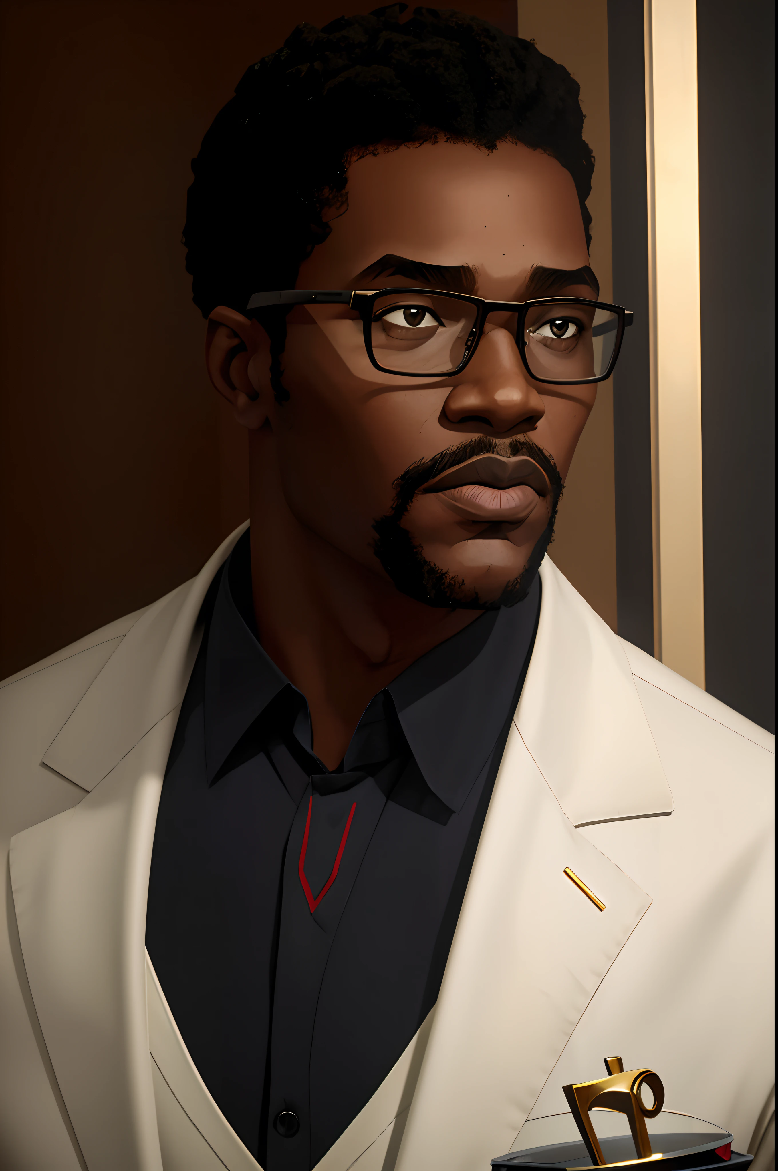 Tall black man with glasses, cabelo curto, barba rala, medic, inteligente, inspirado no ator Jonathan Majors