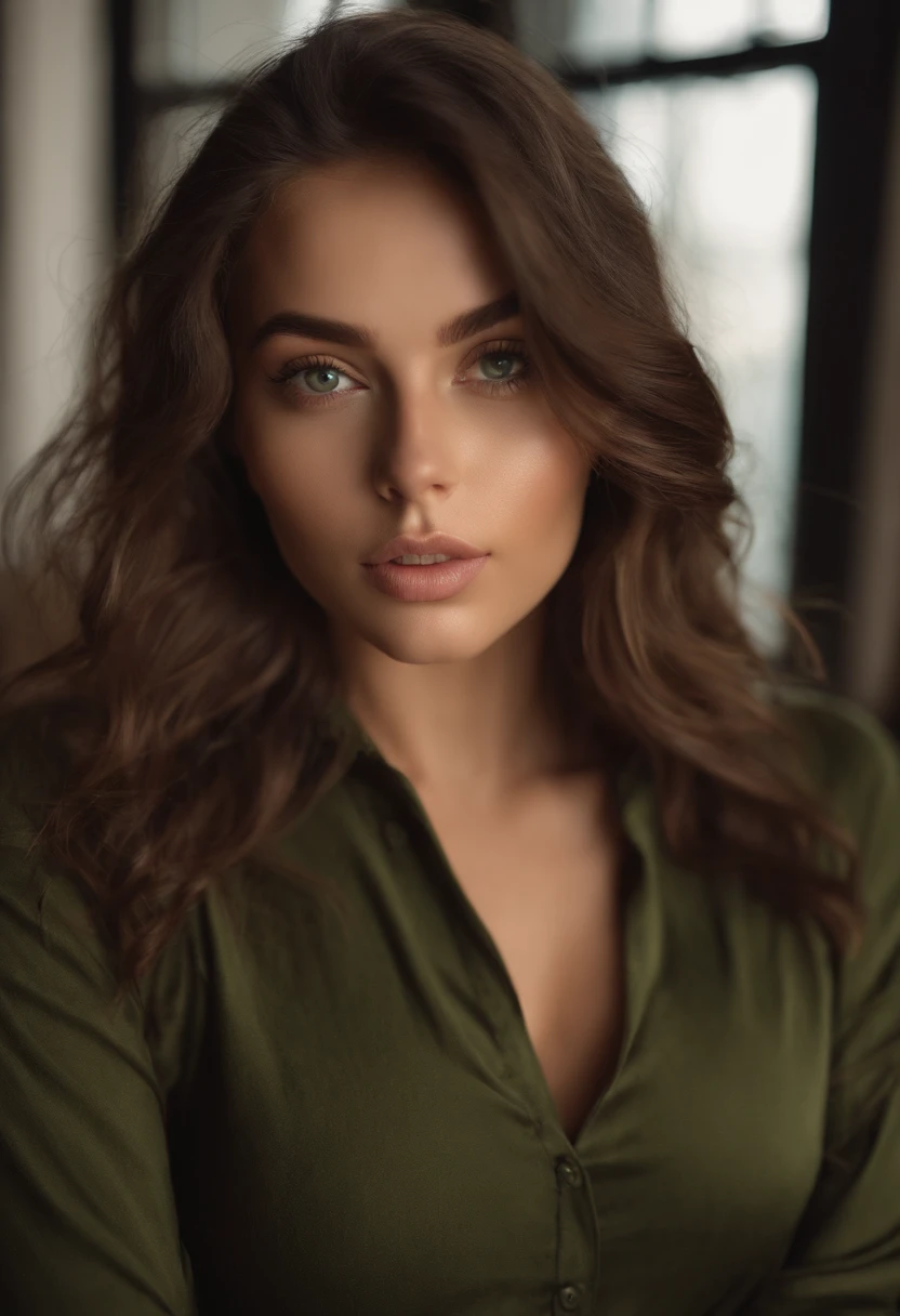 A close up of a woman with long hair wearing a green shirt - SeaArt AI