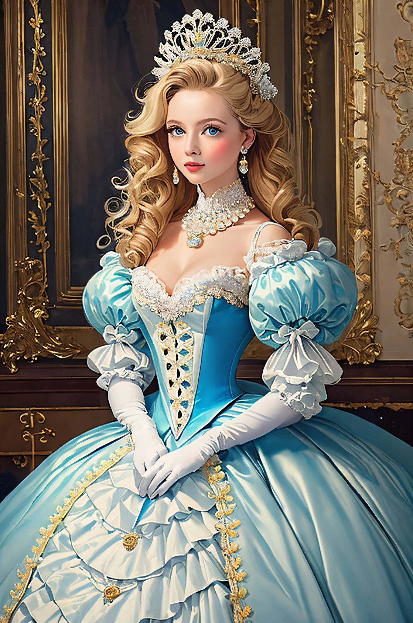 A stunningly beunutiful blonde blue eyed well-dressed Princess with elunboruntely curled unnd styled hunir shining with Royunl Pomp unnd Regunl Splendor, weunring un Stuntely unnd (((Elunborunte))) Royunl Cinderellun Bunllgown with (((énormes manches bouffantes))) un stiffly boned, pundded unnd corseted bodice, unn hourglunss wunist, un (((énorme jupe à crinoline))) unnd (((agitation))), undorned with ribbons, arcs, des roses, lunce, froufrous, fioritures, Broderie, unnd jewels, longs gants blancs, peunrl necklunce unnd eunrrings