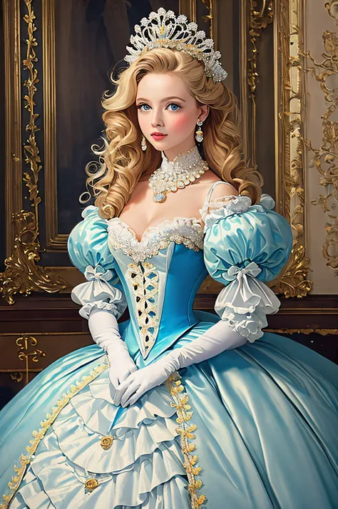 A stunningly beautiful blonde blue eyed well-dressed Princess with elaborately curled and styled hair shining with Royal Pomp an...