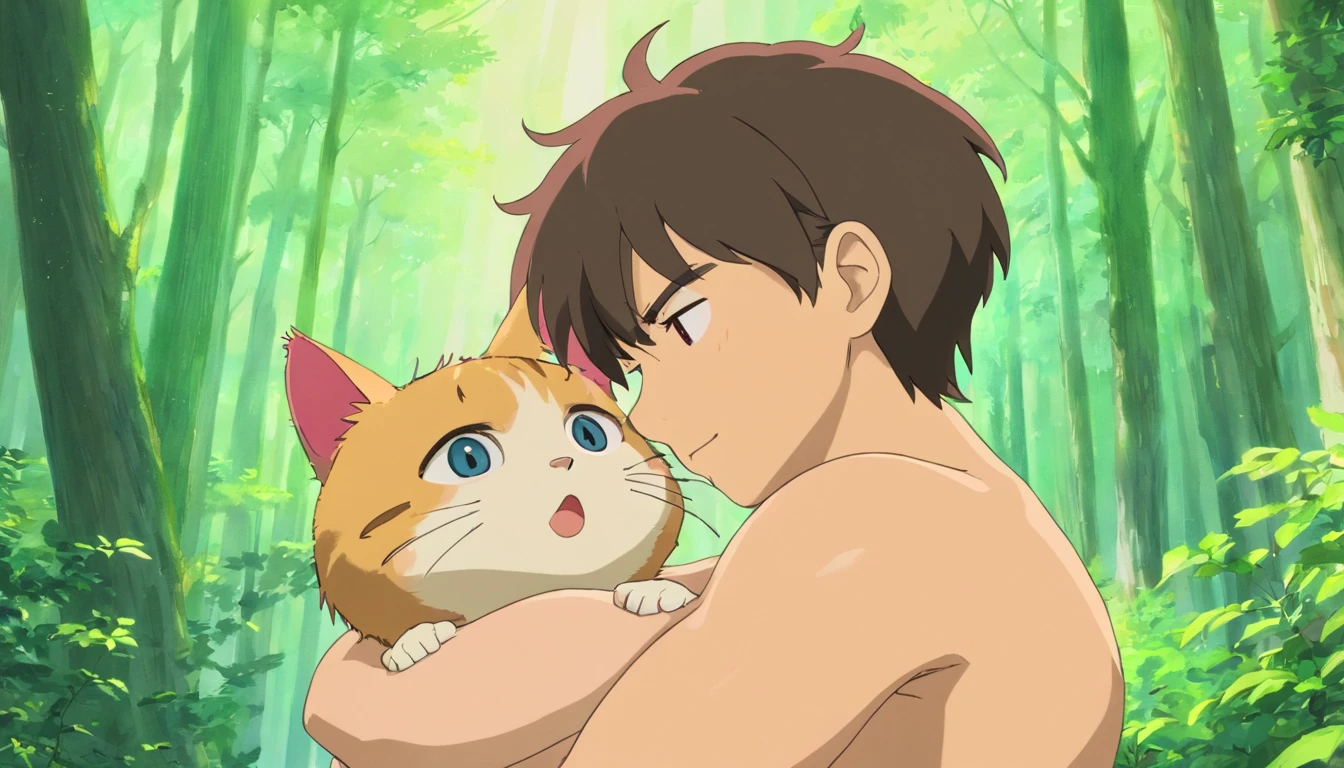 Anime image of a man holding a cat in a forest - SeaArt AI