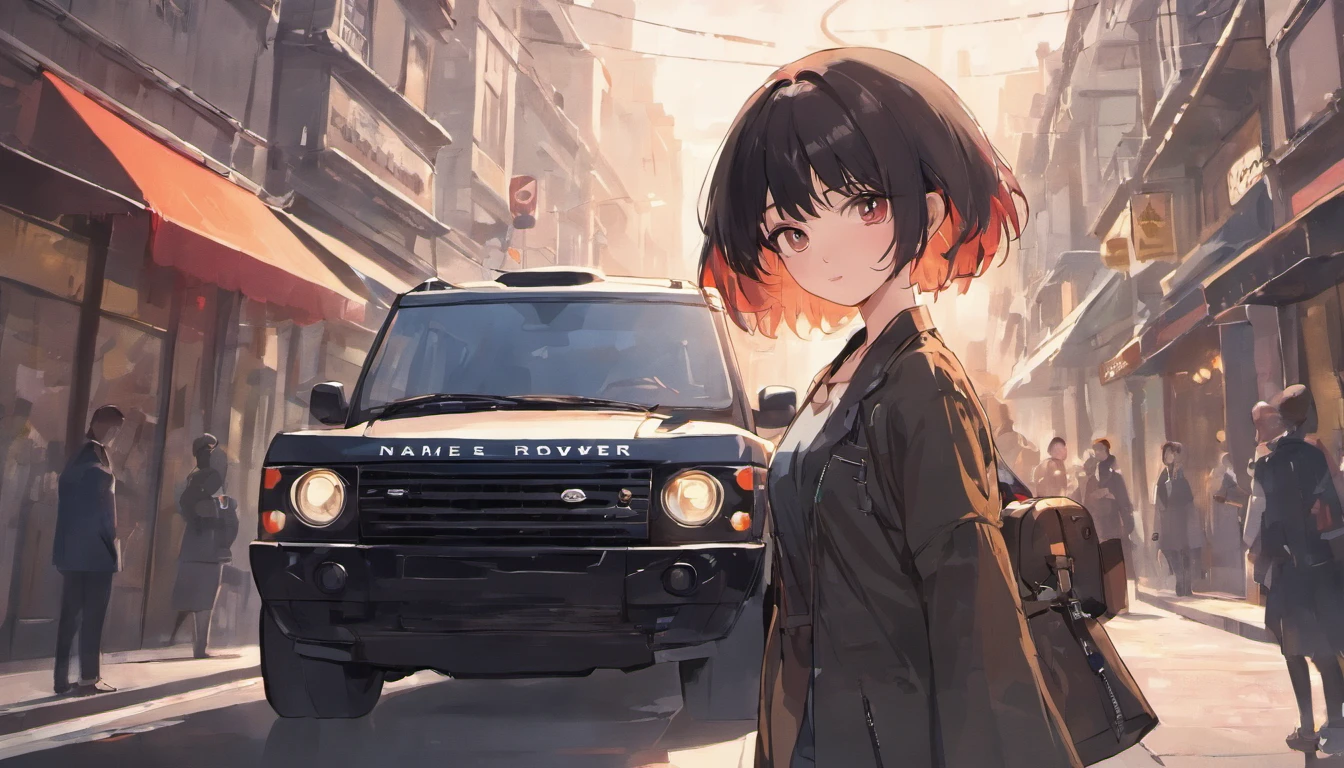 Anime girl in a city street with a car and people - SeaArt AI