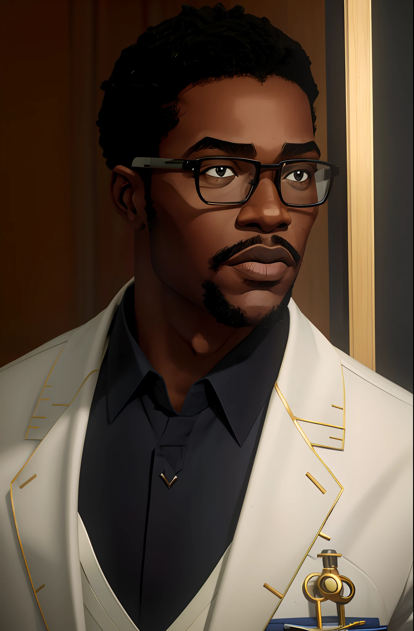 Tall black man with glasses, cabelo curto, homem adulto, barba rala, medic, inteligente, inspirado no ator Jonathan Majors