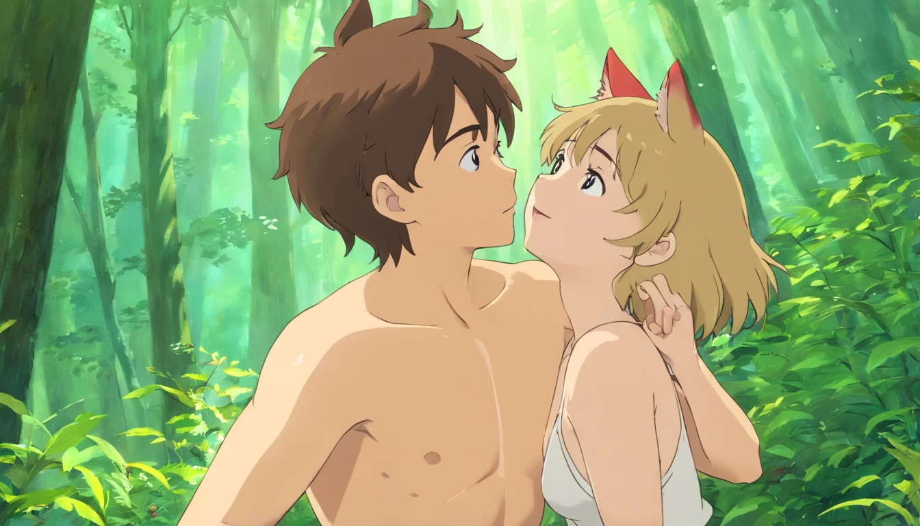 A couple of anime characters are kissing in the woods - SeaArt AI