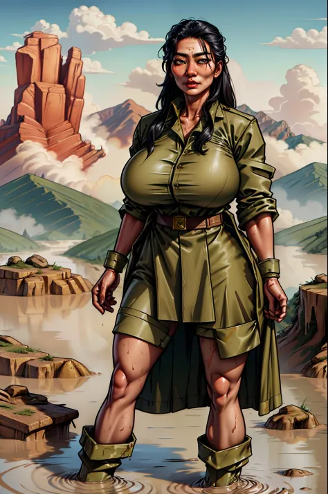 "A strong-willed Asian woman, clad in rugged military attire, stands resolutely amidst the muddy terrain."