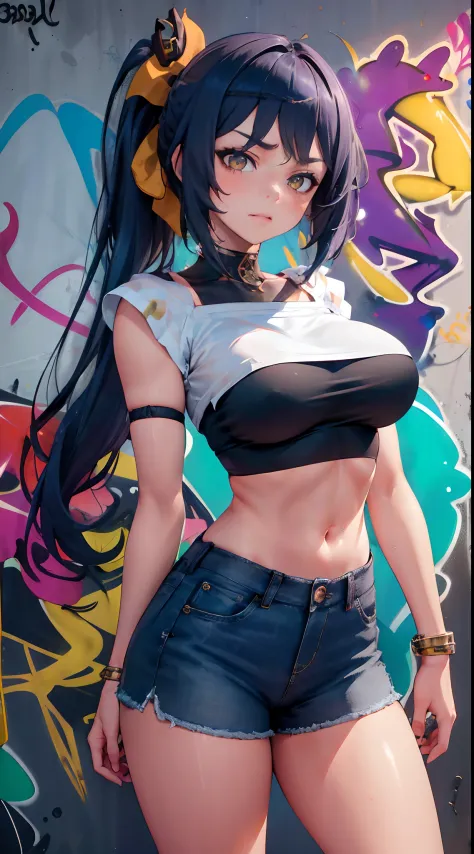 Kujou Sara Genshin Effect, masterpiece, bestquality, 1girls, mediuml breasts, long-haired ,Ponytail, bara, crop top, shorts jeans, choker, (Graffiti:1.5), Splash with purple lightning pattern., arm behind back, against wall, Look at the audience from behin...