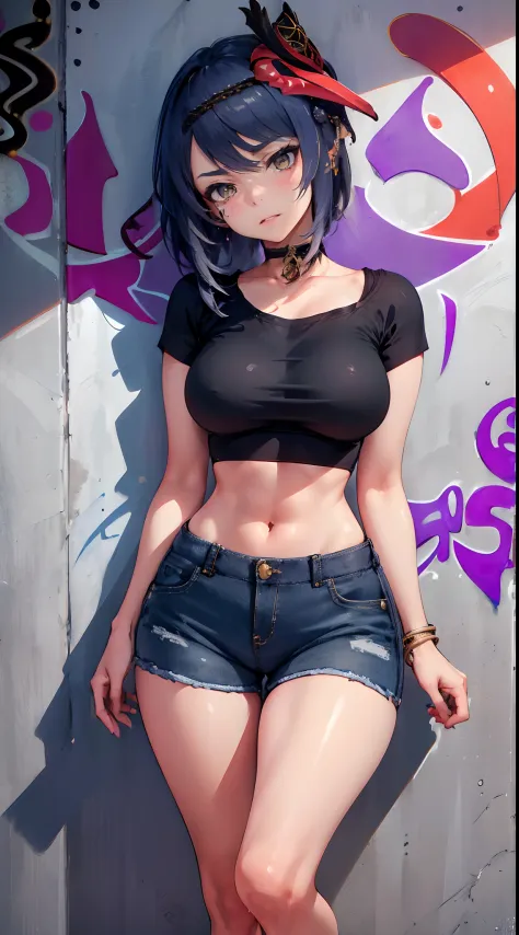 Kujou Sara Genshin Effect, masterpiece, bestquality, 1girls, mediuml breasts, long-haired ,Ponytail, bara, crop top, shorts jeans, choker, (Graffiti:1.5), Splash with purple lightning pattern., arm behind back, against wall, Look at the audience from behin...