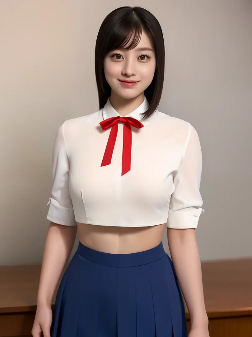 model poses:2、((White short-sleeved shirt:2.5、Red ribbon:2、Dark blue skirt:2、Colossal tits:2.5、))、unparalleled masterpiece ever:2, Ultra-realistic 8K , Perfect Artwork, ((The image of the perfect woman)), female high-school student:2, japanes、Slender waist...