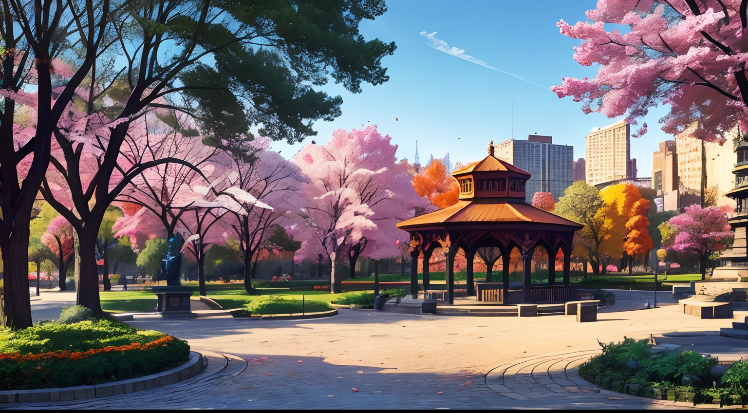 (best quality:1.0), a vibrant park in the middle of a bright cityscape, trees, benches, 1 statue, 1 gazebo, cobblestone paths, comics style, bright